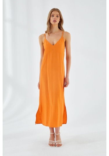 4252 Kadın İp Askılı V Yaka Elbise Turuncu Turuncu