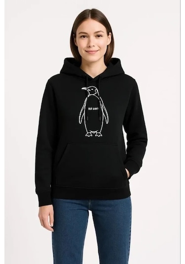 Vexor Nihilist Penguen Özel Tasarım Oversize Kapüşonlu Sweatshirt - Siyah