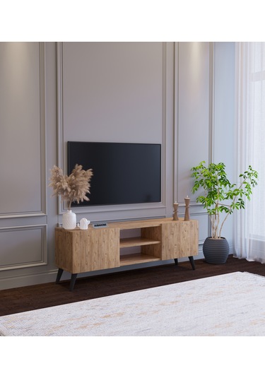 Ahşap Görünümlü Mdf 2 Kapaklı Raflı Tv Ünitesi