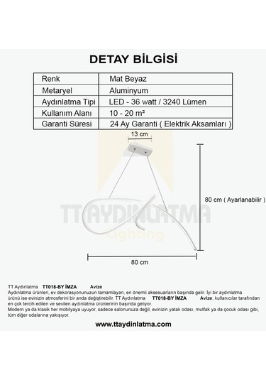 Tt018-By Tt Aydınlatma Imza Modeli Mat Beyaz Led Avize