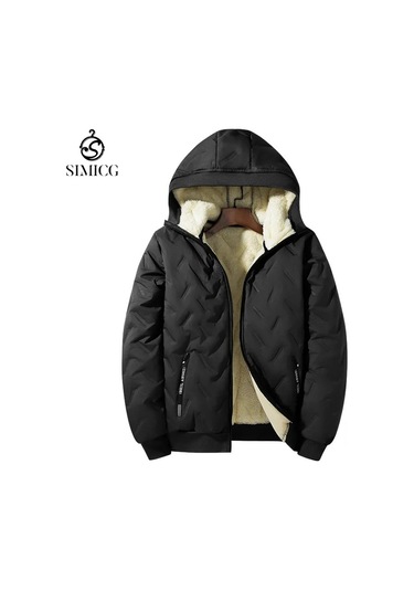 Kapüşonlu, Polar Astarlı, Kalınlaştırılmış, Sıcak Kuzu Yününden Erkek Pamuklu Dolgulu Mont Siyah