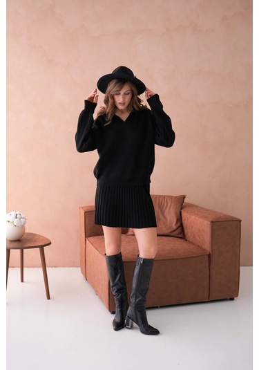 Kadın Polo Yaka Düşük Kol Kazak Kısa Etek İkili Triko Takım Siyah