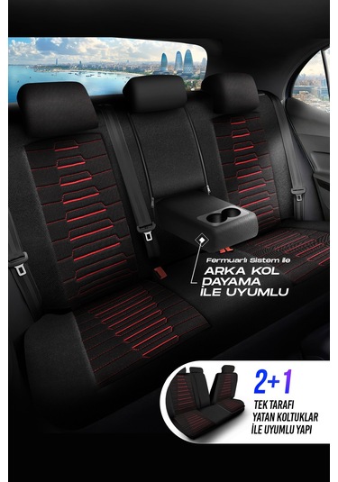 Siyah - Kırmızı Garni Panda Bakü Serısı Keten Kumaş Oto Koltuk Kılıfı - Tam Set