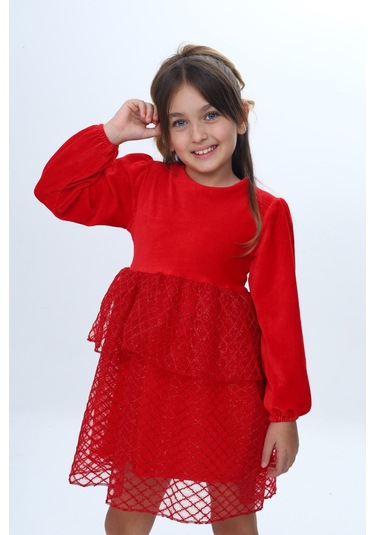 Toontoy Kız Çocuk Kadife Kat Kat Fırfır Detaylı Elbise Kırmızı