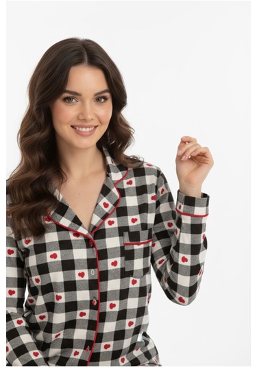 Luxury Viscose Siyah Beyaz Kareli Kalp Desenli Kadın Uzun Kollu Pijama Takımı 42564 Gri