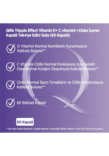 Qlife Tripple Effect Vitamin D Vitamin C Çinko 60 Kapsül