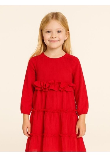 Kız Çocuk Pamuklu Mevsimlik Astarlı Fırfırlı Bol Elbise-14441 Kırmızı