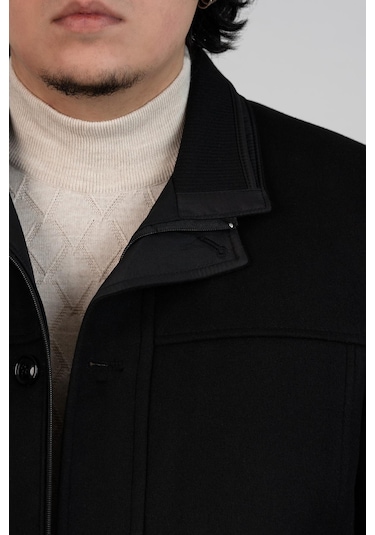 Yakalı Klasik Kesim Fermuarlı Kaşe Erkek Kaban Siyah