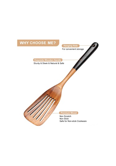 Kangvka 2 Parça Sağlıklı Ahşap Mutfak Spatula Seti - Yuvarlanabilir Ve Delikli, Teflon Tencere Uyumlu, Dayanıklı Ahşap Kürdan Siyah