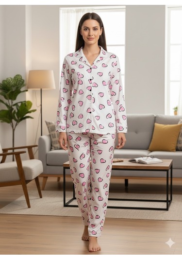 Kadın Düğme Detaylı Pijama Takım Beyaz