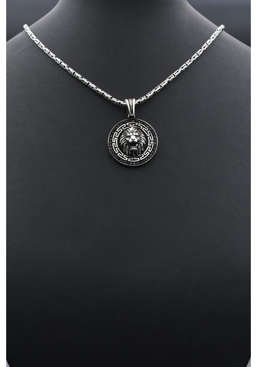Grek Desenli Aslan Figürlü 925 Ayar Gümüş Kolye Kral Zincir 2mm 902422 Gümüş