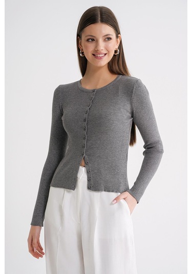 6931 Kadın Düğmeli Fitilli Triko Hırka Antrasit Antrasit