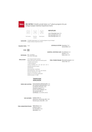 Teka DSI 46750 SS 7 Programlı 13 Kişilik Yarı Ankastre Bulaşık Makinesi