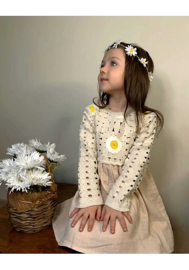 Kız Çocuk Çiçek Desenli Kroşe Müslin Pamuklu Prenses Hediye Doğum Günü Şık Elbise Bej