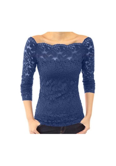 Kadın Üstler Eğik Yaka Uzun Kollu Dantel Gömlek Oyuk Dantel Eklemeli Düz Renk Dar Kesim Nakış Dantel Çiçekli Üstler Koyu Mavi