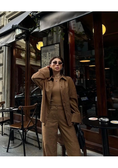 Süet Gömlek Palazzo Pantolon İkili Takım - Kahve Kahve