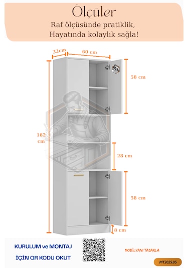 Tamamı Mdf 4 Kapaklı Ve Açık Raflı Çok Amaçlı Mutfak Dolabı/kavan
