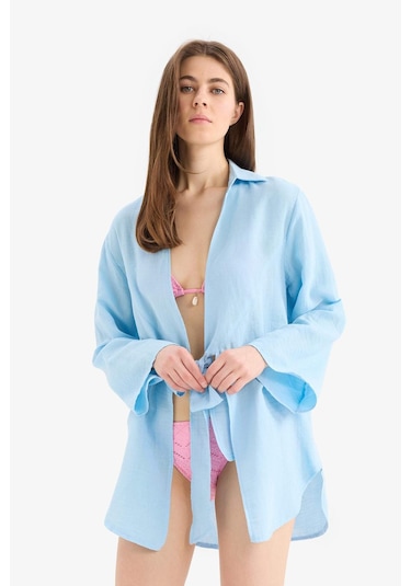 DeFacto Müslin Önden Bağlamalı Plaj Gömleği-Fall in Love B7333AX25SMBE509 Mavi