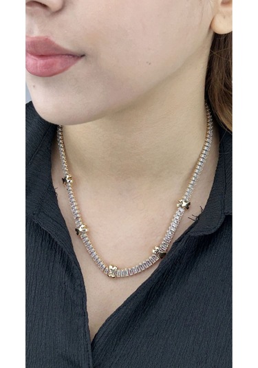 Xo Figürlü, Zirkon Taşlı, Su Yolu, Paslanmaz Çelik Kolye 223, Altın Renk Altın