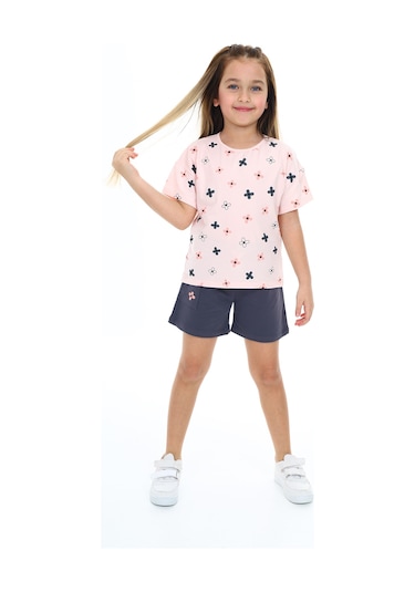 Toontoy Kız Çocuk Garni Komple Çiçek Baskılı Şortlu Takım Pudra