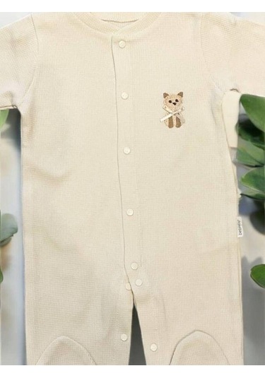 Zekids Bebek Çıtçıtlı Kedi İşlemeli Tulum-15069 Bej