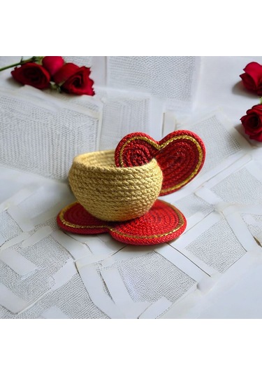 Sevgililer Günü Hediyesi, Kalpli Fincan Sepet, Dekoratif Sepet, Hediyelik Sepet, Dekor Sepet, Çok Amaçlı Sepet Kırmızı - Kahverengi
