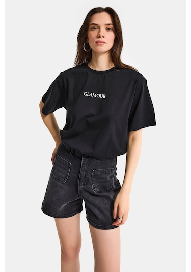 Itsbasic Kadın Siyah S6-1 Oversize Glamour Baskılı %100 Koton T-shirt