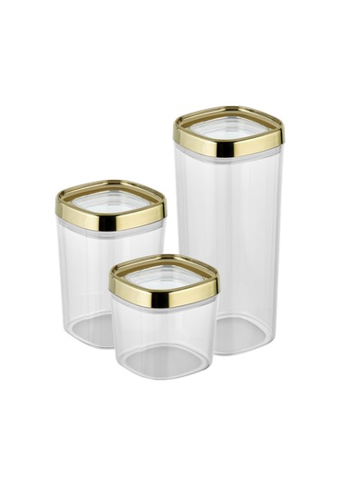 Ceronni Bonny Erzak Saklama Kabı 3lü Set Metalik Kaplama Kapak 1,8lt - 1lt - 600ml Metalik Altın Altın