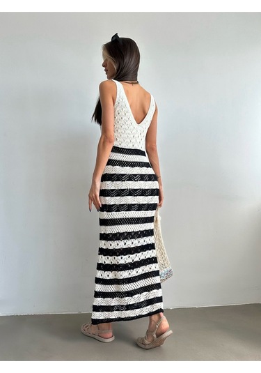 Kadın Askılı Ajurlu Yazlık Triko Elbise Krem - Siyah