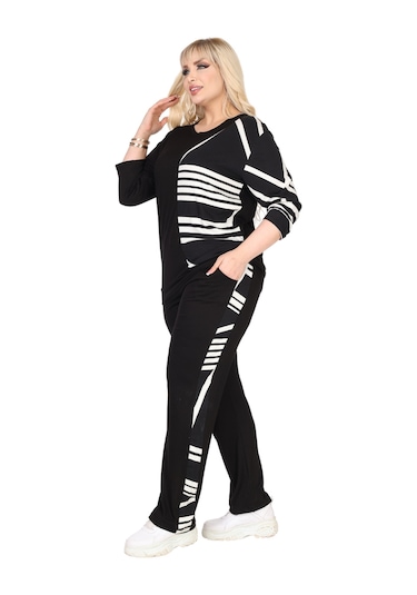 Melsay Butik Siyah Truvakar Kol Yarım Çizgi Garnili Viskon Büyük Beden Takım Siyah