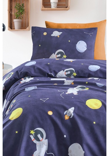 Enlora Home Baskılı Pike Takımı Tek Kişilik Astron Lacivert