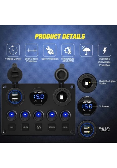 Motion003 Mavi 12v Sigara Cakmak Soketli 8 Pozisyonlu Doner Anahtar Paneli Usb Sarjli Dijital Voltmetreli Seri Sigortali Araba Karavan Tekne