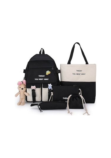 Wizmy Yeni Beş Parça Öğrenci Çantası Kadın Renk Kontrast Öğrenci Çantası Aqds6ı Siyah - Beyaz