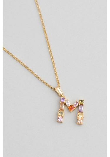 Mini M Harfi Günışığı Renkli 18 Ayar Sarı Altın Kaplama Gümüş Kolye