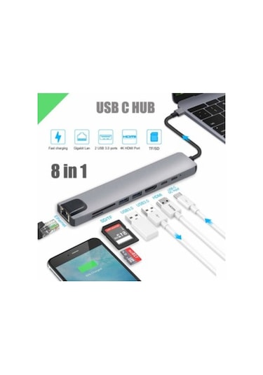 8 İn1 4K Type-C USB 3.0 Hub HDMI RJ45 SDTF Adaptörü