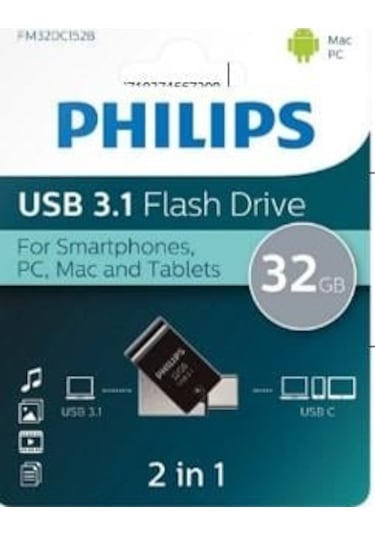 Philips Fm32dc152b/00 32gb 2 In 1 Type-c/usb 3.1 Siyah Gri Usb Bellek