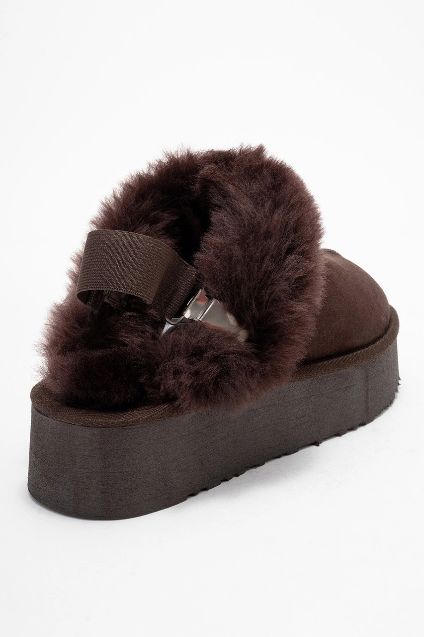 Olessa Kahverengi Hakiki Deri Süet Kadın Kürklü Terlik Kahverengi