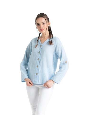 Uzun Kol Müslin Sedef Gömlek Buz Mavi Bmv-buz Mavi Buz Mavi