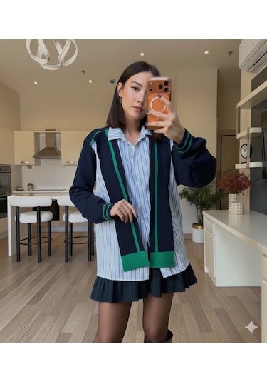 Cemo Spor Şık Bisiklet Yaka Katmanlı Gömlek Süveter Yelek Laci-yeşil-bebemavisi