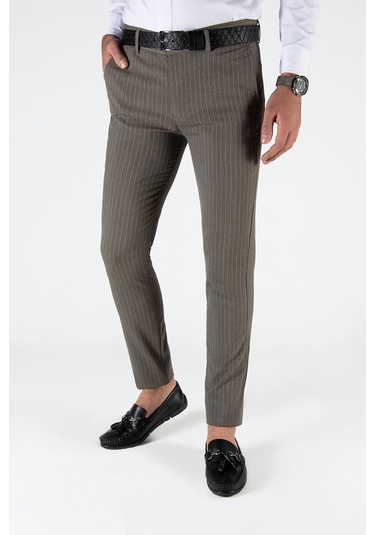 Açık Kahve Çizgili Slim Fit Pamuklu İtalyan Kesim Pantolon Açık Kahve
