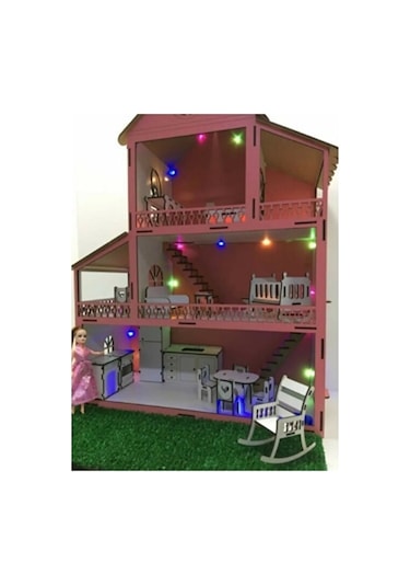 Ahşap 60 CM Bebekli Oyun Evi Işıklı Bahçeli Eşyalar Dahil Yapıştı