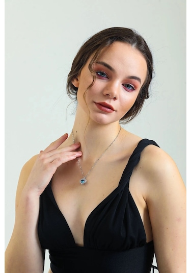 Takı Dükkanı Gümüş Renk Okyanusun Kalbi Kalpli Mor Taşlı Kadın Çelik Kolye Eck51 Gümüş