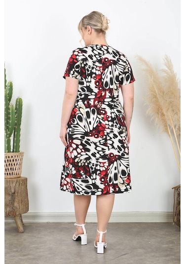 Kadın Kırmızı Bej Kanat Desen Midi Elbise Kırmızı