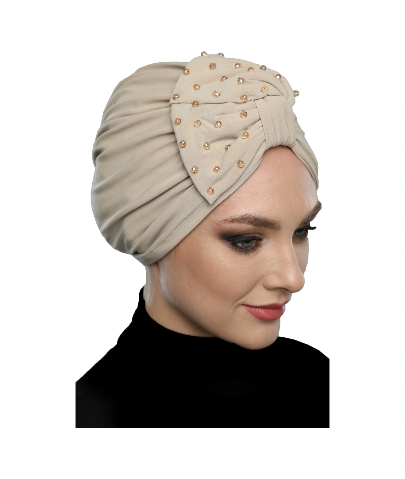 Kristal Yelpaze Taş Işlemeli Çift Taraflı Astarlı Bej Hazır Türban Tesettür Abiye Bone Bej