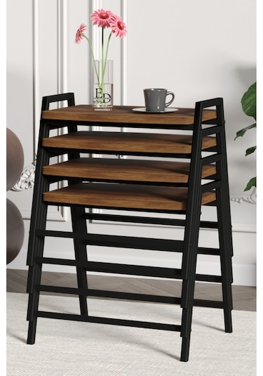 Zigon Sehpa , Aden 4'lü Tepsi Zigon Sehpa Takımı Siyah Metal - Barok Tabla Siyah-barok