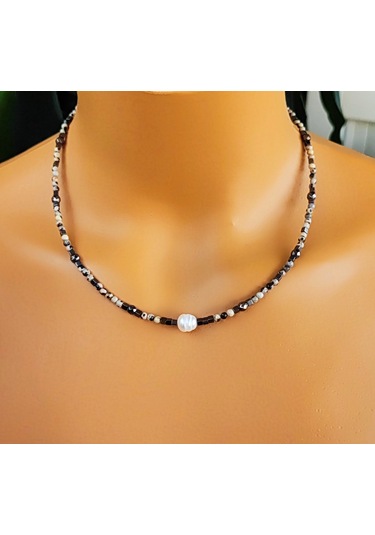 İnci Ceyt Ve Hematit Doğal Taş Kolye Nazar Koruyucu, Enerji Dengeleyici, Şık El Yapımı Kolye Çok renkli