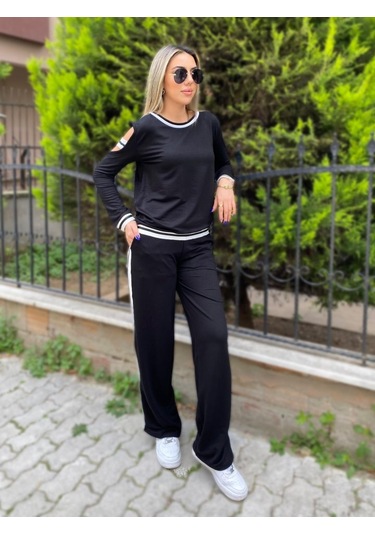Ge Ticaret Kadın Iki Iplik Penye Kumaş Kol Detaylı Ribanalı Ikili Takım Siyah