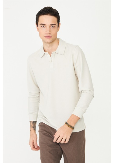 White Stone Bej Mikro Dokulu Uzun Kollu Polo Yaka Üst Bej