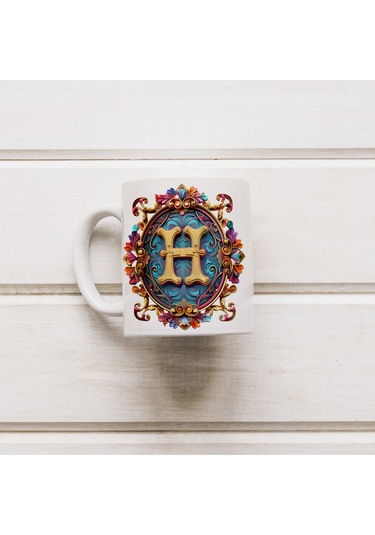 H Harfi Boho Bardak, Renkli Özel Tasarım Hediyelik Harfli Kupa, 330ml Porselen Beyaz