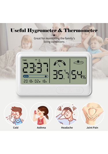 Lemestar Usb Şarjlı Ev Lcd Dijital Nem-sıcaklık Ölçer Takvim, Alarm, Tezgah/wandura Montaj Beyaz Ys201